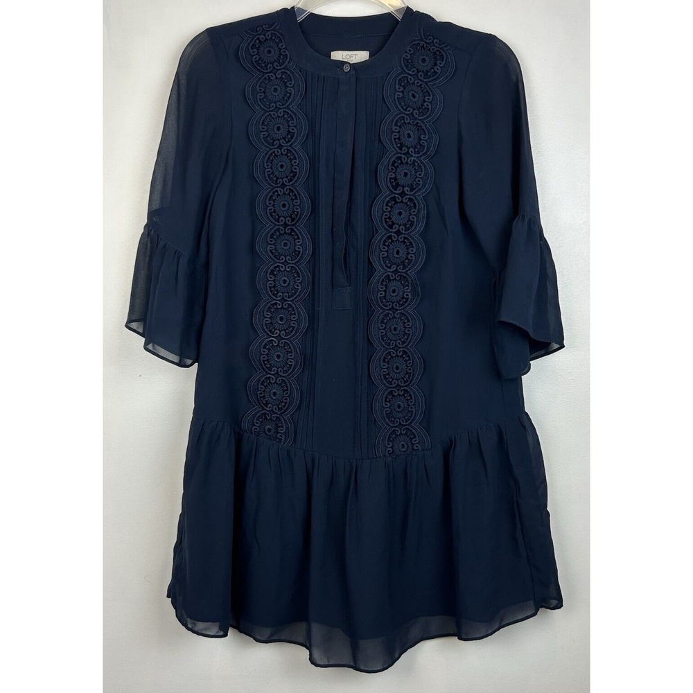 Loft Dress 00 P Womens Petite Babydoll Top Ruffle Blue Casual Peasant Capsule